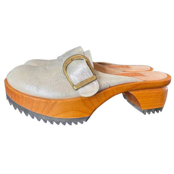 Jim Barnier Women's Wooden Heel Clog Silver Size 11 Platform Sandals Leather New - Picture 7 of 11